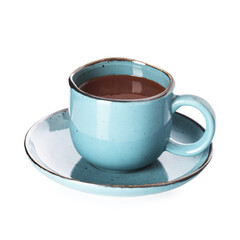 Tasty chocolate milk in cup isolated on white