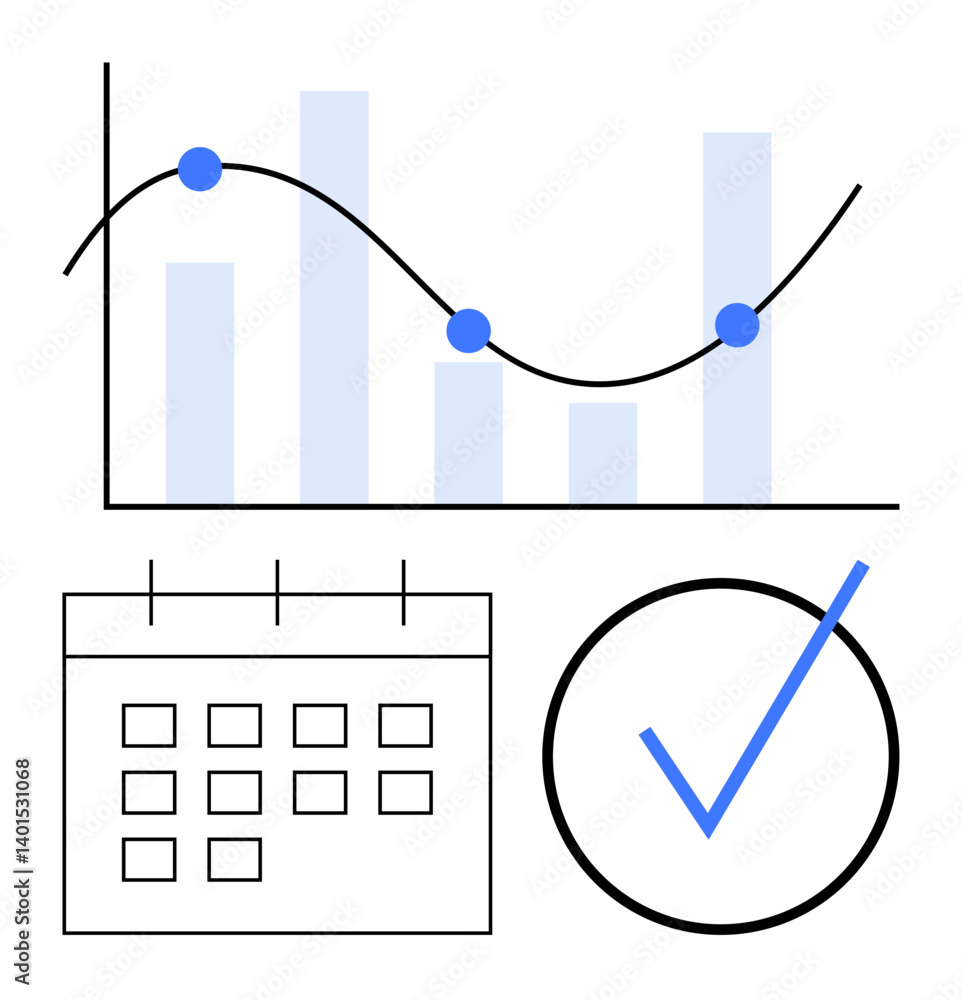 Poster bar graph with trendlines and dots, a calendar with outlined boxes, and a large checkmark suggest tr