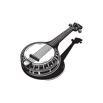 Black Color Banjo Silhouette Vector Illustration, Solid White Background