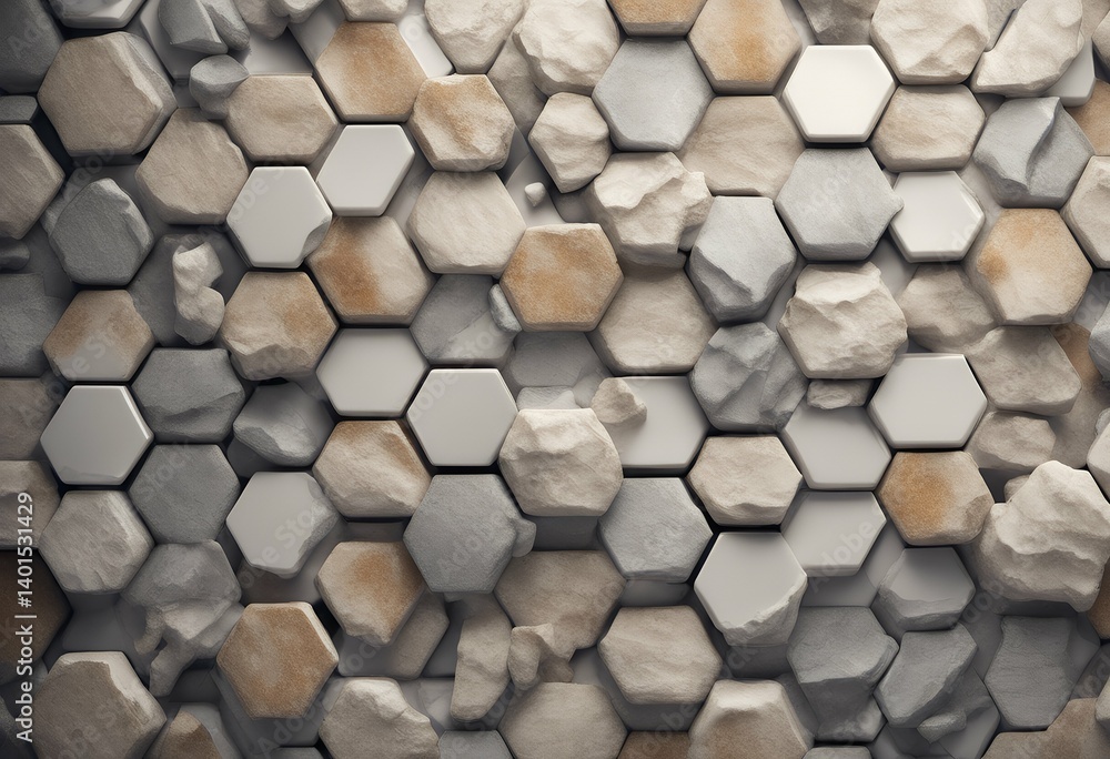 Poster render semigloss 3d background wall polished stone natural hexagonal blocks tiles wallpaper tile thr