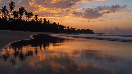 Fototapeta premium Golden Reflections: A serene sunrise over a tropical beach paradise scene