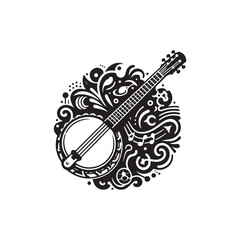 Black Color Banjo Silhouette Vector Illustration, Solid White Background