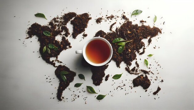 Loose tea leaves arranged in shape of world map on white surface with teacup placed over Asia for World Tea Day