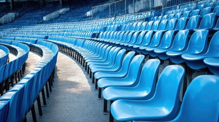 Bright afternoon at a sports arena with empty blue spectator chairs.