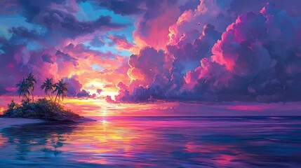 Fototapeta premium Tropical Island Sunset with Vivid Colors and Dramatic Cloudscape Painting