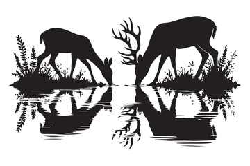 Couple Deer Drinking Water Vector Silhouette Illustration Nature Art