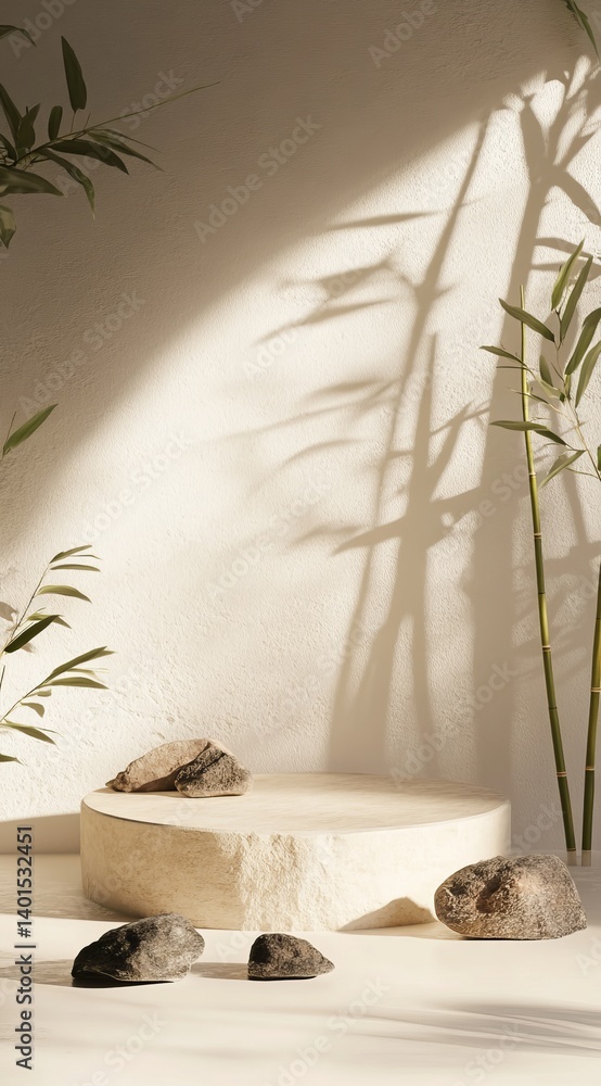 Poster calm minimalist interior with natural elements and shadows creating a serene atmosphere in soft ligh