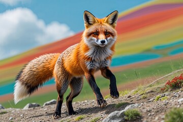 Fototapeta premium Stylish Fox Dancing on a Colorful Hill Showcasing Playful Spirit