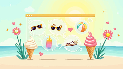 Summer shopping illustration with ice cream cones, sunglasses, beach drink, sandals, and flowers under the sun.