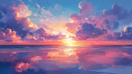 Dramatic Sunset Over Calm Ocean Waters with Colorful Cloud Reflections