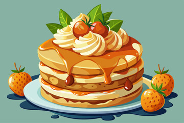 vector of Apricot jam and caramel cream are piled on a delicate sponge