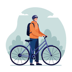 Fototapeta premium A young man in an orange hoodie standing beside his bicycle in a flat, minimal style vector illustration, conveying a sense of leisure and outdoor activity.