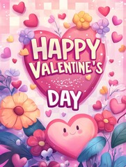 Colorful Valentine's Day Card Featuring Hearts, Flowers, and Festive Designs Suitable for Celebrating Love and Affection on February 14th
