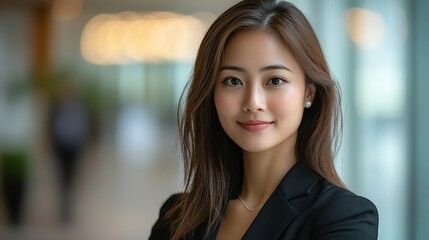 Portrait of young asian business woman in black suit professional headshot corporate office background