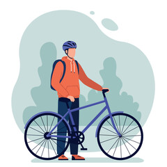 Fototapeta premium Young man wearing a helmet standing beside his blue bicycle in a flat, minimal style vector illustration depicting an outdoor setting