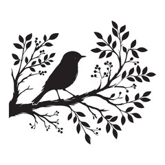 Silhouette of bird sitting on a branch with leaves and berries