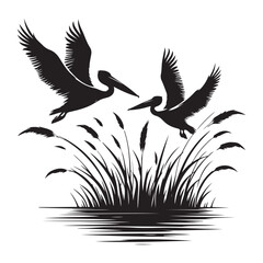 Pelicans Flying Silhouette Illustration Above Marsh Land Wildlife Conservation