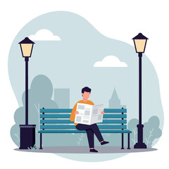 A man reading a newspaper on a park bench surrounded by street lamps in a flat vector illustration