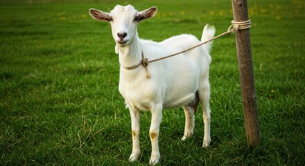 Obraz premium White goat stands tied to a tree in a green grassy field.