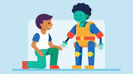 Child Patient Using Exoskeleton A young patient wearing a colorful childfriendly exoskeleton during a therapy session with a the actively engaged in playful encouragement.