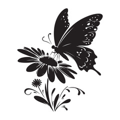 Butterfly alighting flower Silhouette detailed nature illustration garden design