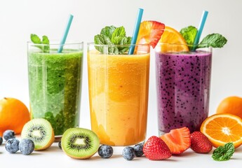 Fototapeta premium Vibrant fruit smoothies in glasses, surrounded by fresh berries, kiwi, and orange slices. A colorful and healthy refreshment display