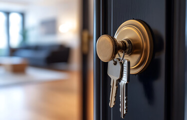 Naklejka premium The door lock is open, and the keys to your new apartment hang on it, with a blurred living room in the background. 