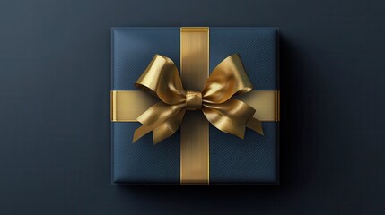 Dark blue gift box with elegant gold ribbon on dark background for luxury design.