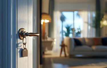 The door handle on the white wooden front doors of an apartment is open, and keys with house-shaped tags hang from it in the blurred background of a living room with a sofa at home.