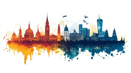 Fototapeta premium European Landmarks Illustrated Within the Map Outline Showcasing Famous Buildings and Structures From Various Countries at Sunset