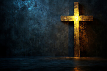 The cross shines brightly on the black background, illuminating and giving off light. 