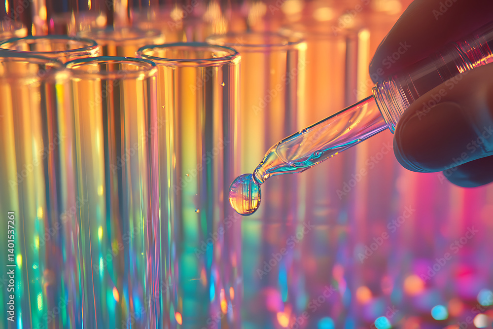 Poster the background is a colorful gradient of laboratory test tubes, and in the foreground, there's an ey