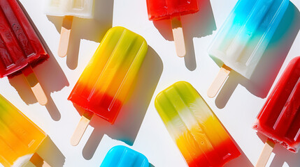 An array of vibrant, colorful popsicle treats, perfect for a hot day! These icy delights offer a refreshing escape.
