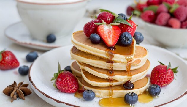Pancakes heart-shaped arranged in a playful pattern, capturing the happiness of a morning breakfast
