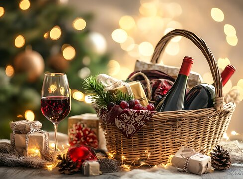 Wicker gift basket with various gifts and wine on a light background with lights, space for text