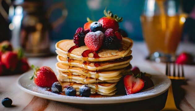 Pancakes heart-shaped arranged in a playful pattern, capturing the happiness of a morning breakfast
