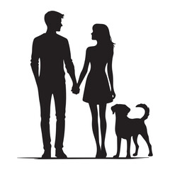 Couple Walking Dog Together Silhouette Illustration for Family Lifestyle