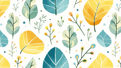 Seamless botanical pattern with yellow and blue leaves and branches on a white background, perfect for textile and decor.