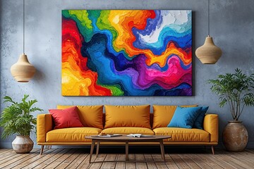 Colorful Abstract Canvas Art Displayed Over a Wooden Deck