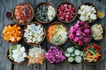 Fototapeta premium An array of colorful and diverse food items, including various cheeses, vegetables, and fruits, arranged in small bowls on a rustic wooden surface.