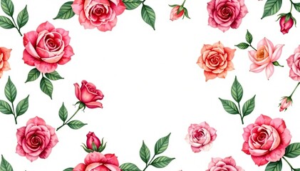 Fototapeta premium Delicate watercolor roses & leaves, repeating pattern, spring, plant, elegant