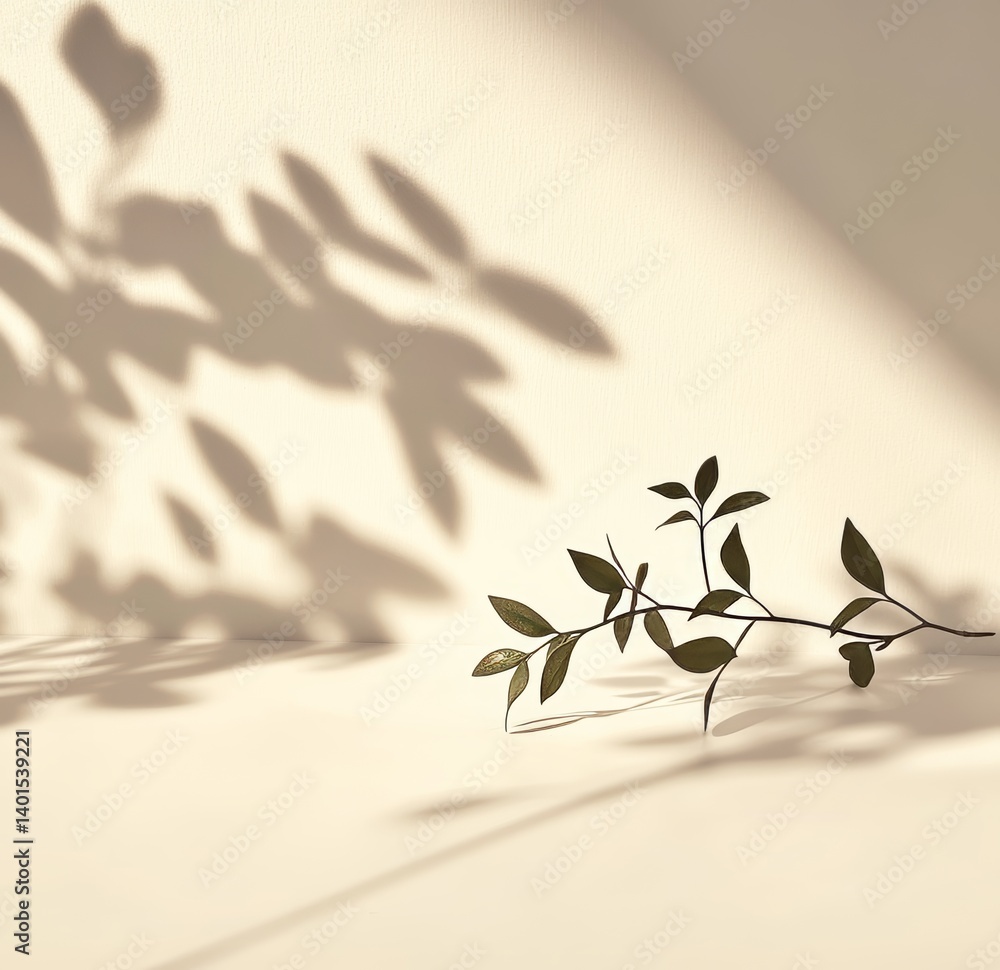 Poster elegant branch casting delicate shadows on a textured surface during soft afternoon light in a minim