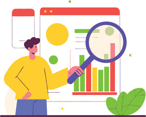 Data Analyst Using Magnifying Glass to Review Spreadsheets on Holographic Screen Illustrator Artwork