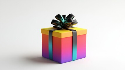 Obraz premium A vibrant, colorful gift box with a dark ribbon and bow, presented on a neutral background. It has a gradient of yellow, red, and purple hues