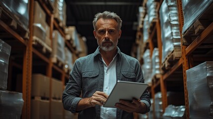 Man using tablet in warehouse for inventory management and logistics optimization and supply chain efficiency