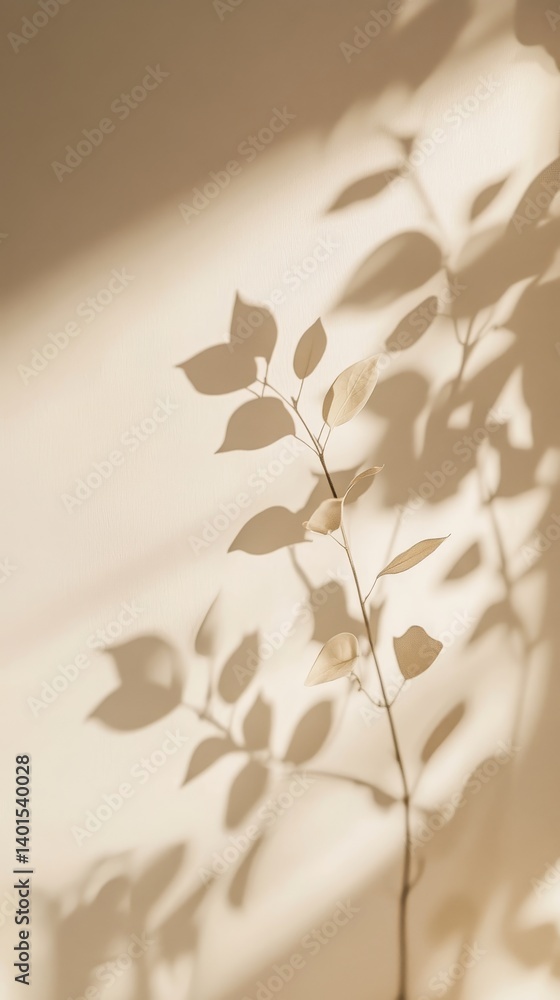 Poster soft shadows of leaves create a tranquil atmosphere on a light-colored surface during the afternoon 