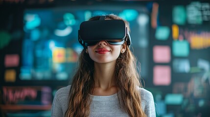 Woman using virtual reality headset for gaming and metaverse experience in digital futuristic world