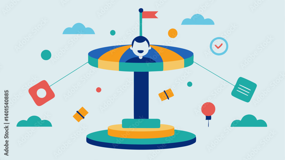 Poster carousel of choices a spinning carousel with different choice icons food travel work while a dizzy c