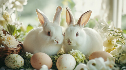 Two fluffy white bunnies are surrounded by spring flowers and easter eggs, creating a cheerful, seasonal scene, perfect for the holiday. Easter banner