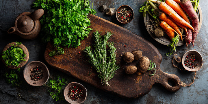Overhead view of rustic wooden cutting board with fresh herbs, carrots, potatoes, and peppercorns.  Shows a cooking preparation scene, symbolizing freshness and healthy cooking.